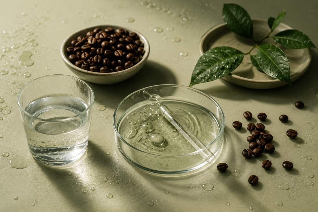 Cafeïne, water en een serum met druppelaar op een rustige groene ondergrond